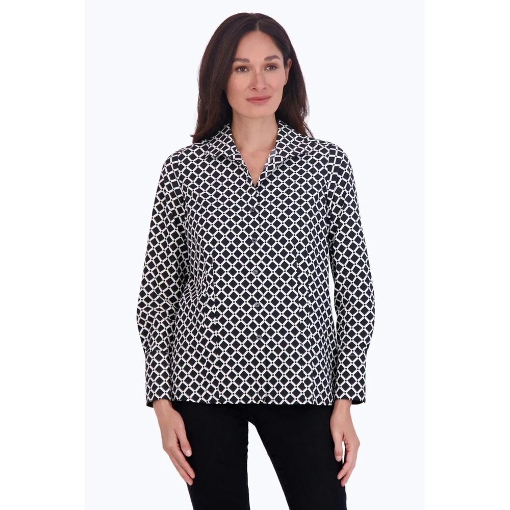 New Foxcroft Katie Black White Diamond Grid Long Sleeve Blouse Top Sz 8